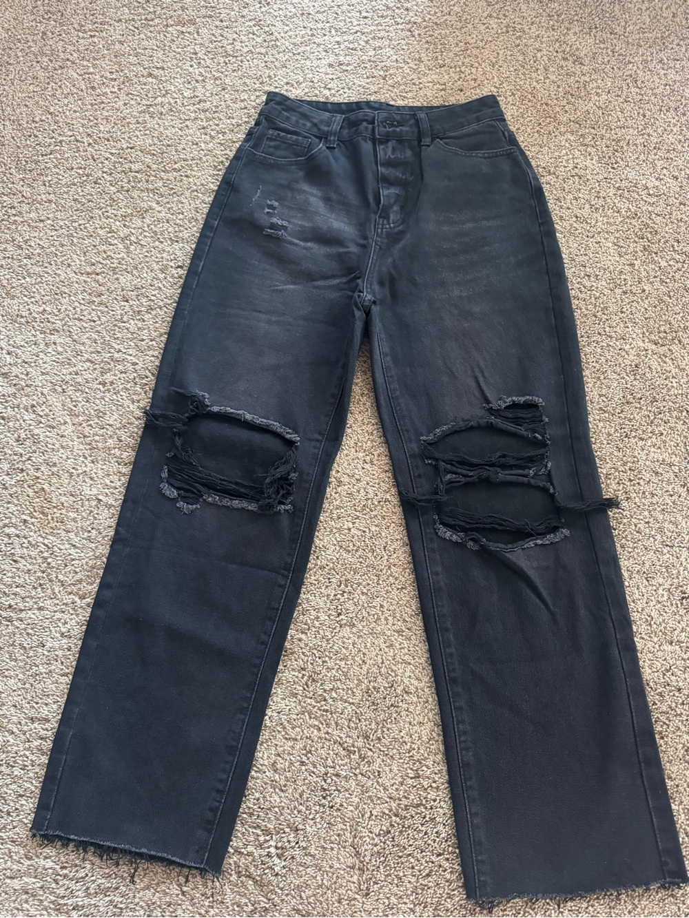 SHEIN Black High-Rise Distressed Jeans with Raw Hem